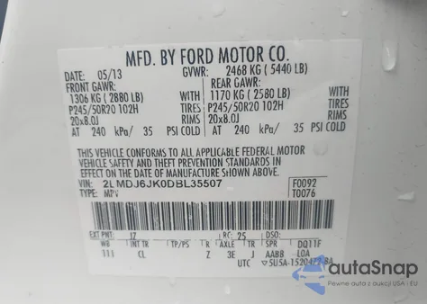 2013 Lincoln Mkx z USA, uszkodzony, nr VIN 2LMDJ6JK0DBL35507